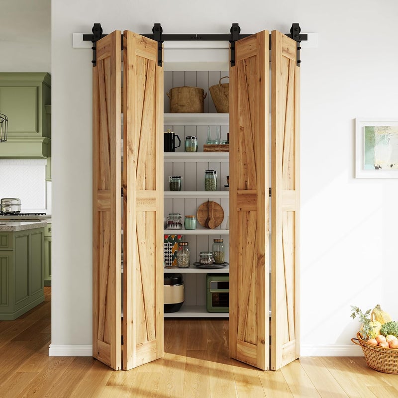 SMARTSTANDARD 5.3ft/64'' Bi-Folding Sliding Barn Door Hardware Kit, Bifold Barn Door Hardware Heavy Duty Sturdy Side Mounted for 4 Doors -Smoothly and Quietly-Easy to Install, Fit 60'' Door, No Doors - Image 2